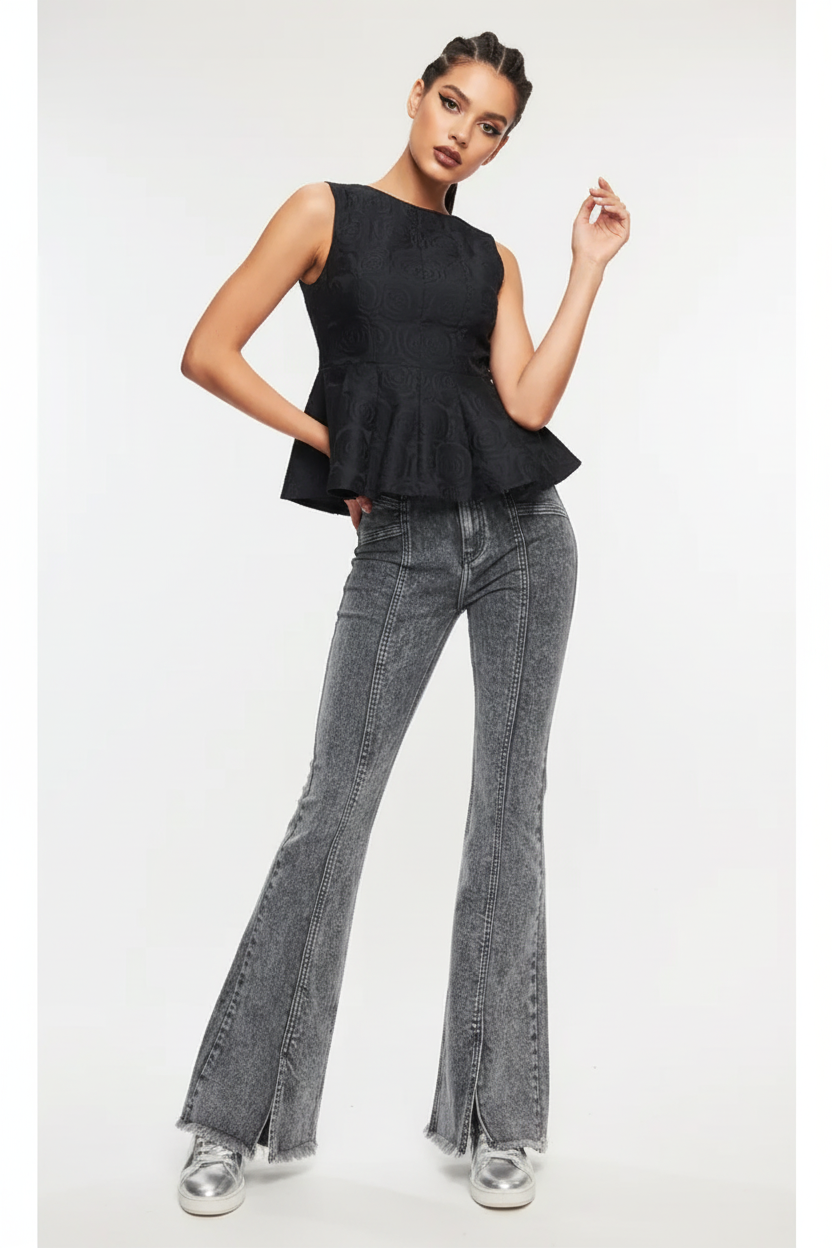 Editorial - Tegan top with Reya jeans and silver sneakers