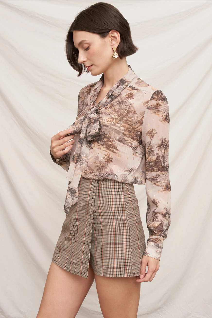 Printed Tie Neck Blouse with Lurex Accents