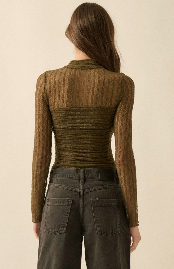 Striped Floral Lace Ruched Bodysuit ( Available in Baked Plum))