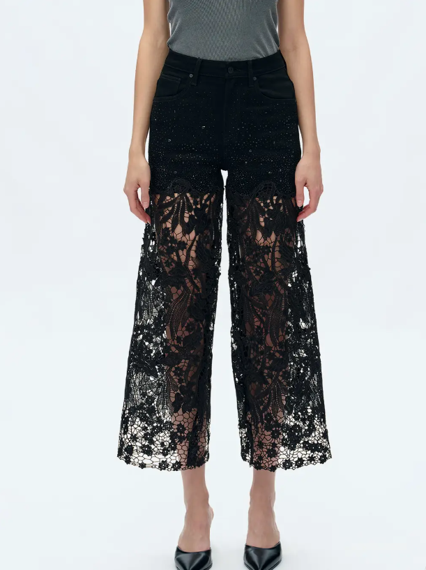 Black High Rise Wide Leg Jeans with Lace Spliced