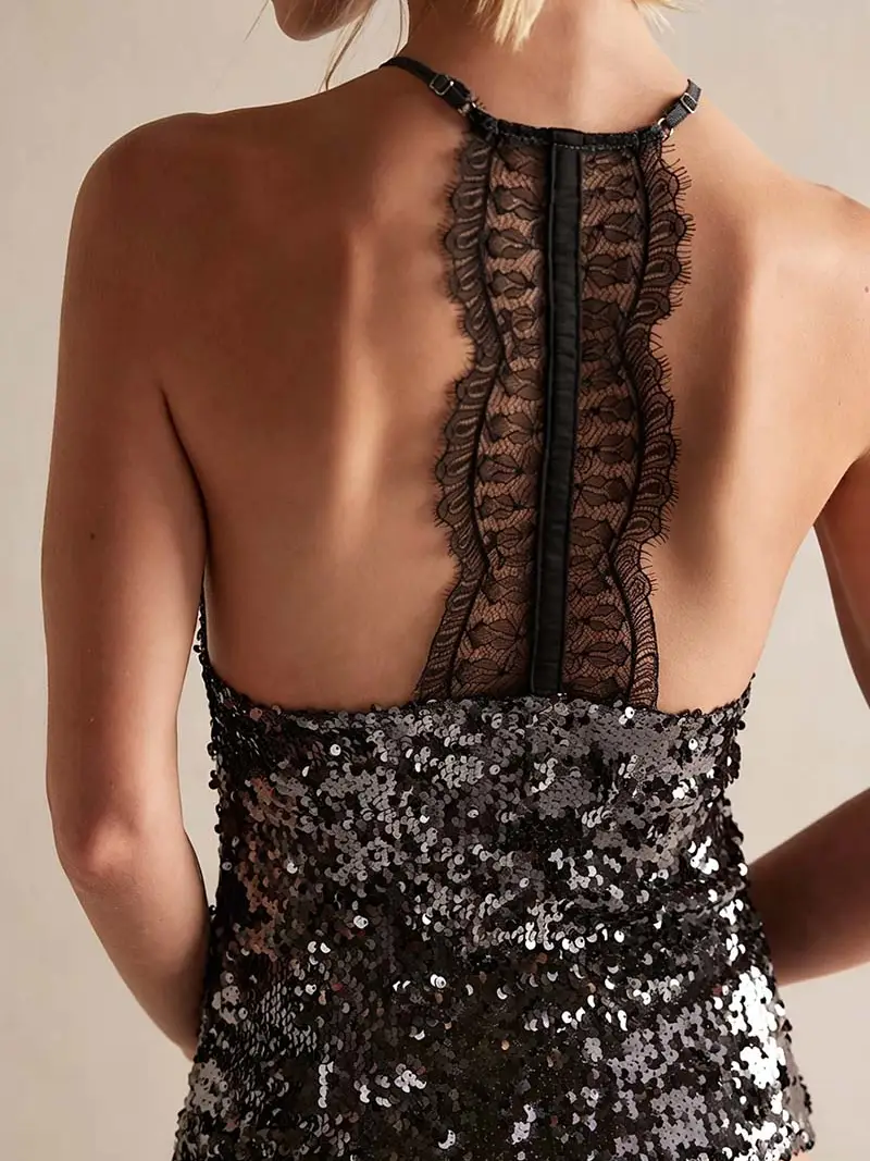 Sequin Lace Halter Tank Top