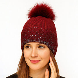 Rhinestone Ribbed Knit  Pom Beanie Hat