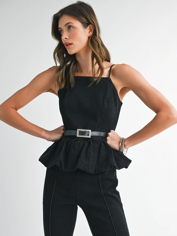 Rhinestone Belted Denim Boot Cut Romper