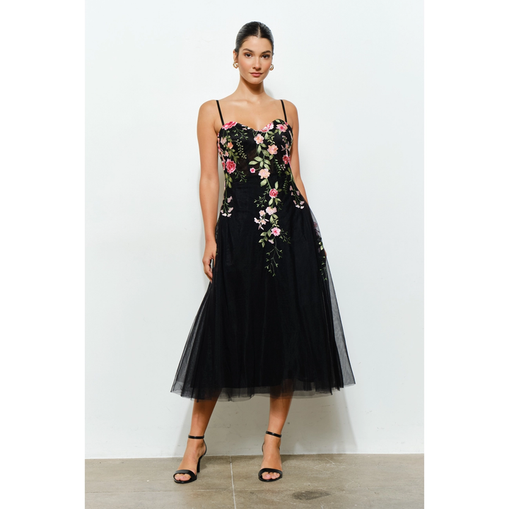 Floral Embroidered Sweetheart Tulle Midi Dress