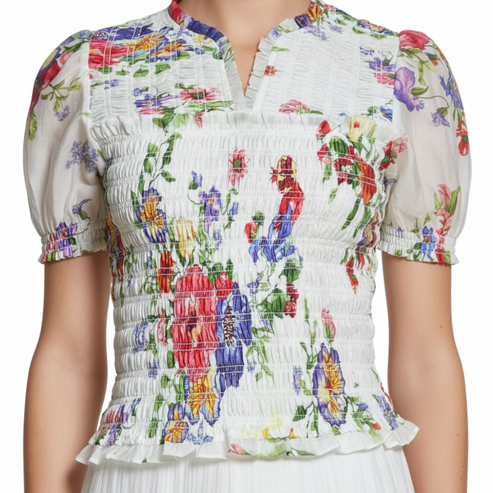 Extreme detail close-up of smocking & florals