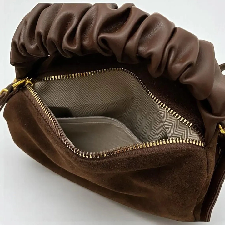 Faux Suede Ruched Handle Crossbody/Satchel Bag