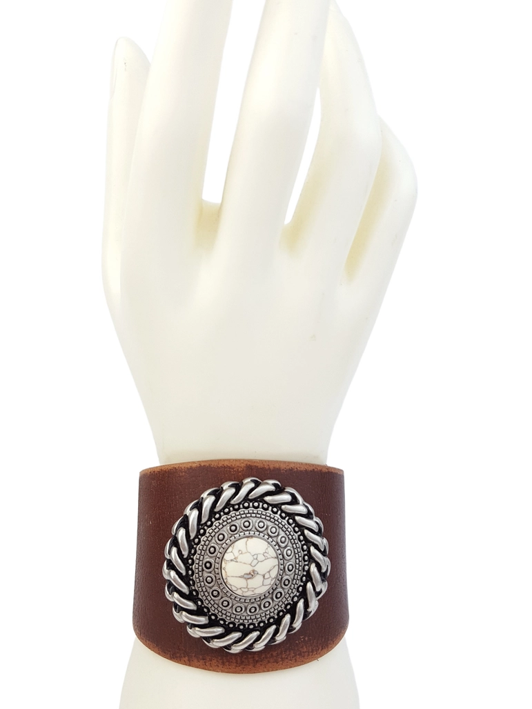 Genuine Distressed Leather Cuff with Round Concho