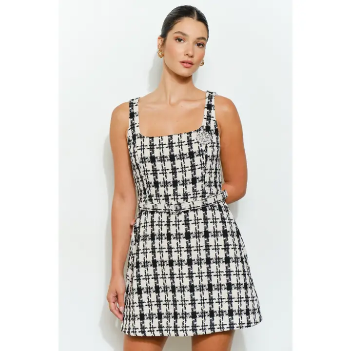 Check Tweed Brooch Detail Belted Mini Dress