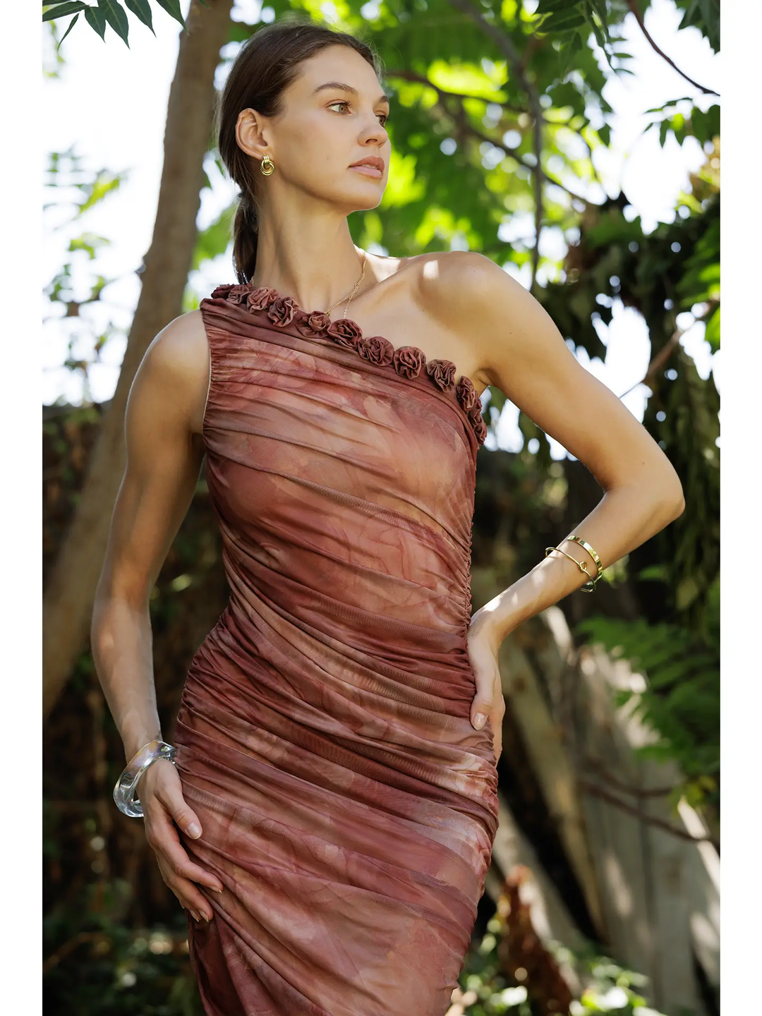 Mira Ruched Midi Dress with Rosette Trim