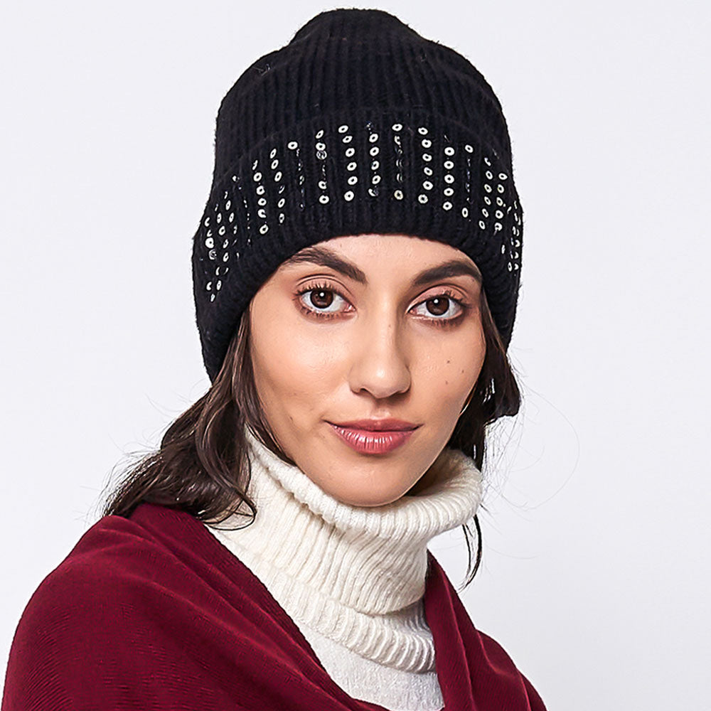 Solid Ribbed Sequin Cuff Beanie Hat