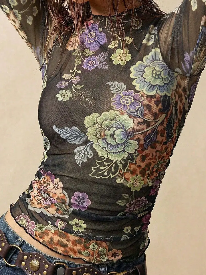 Sheer Floral Mock Neck Top