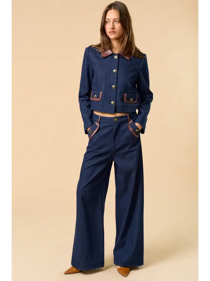 Denim Pants with Pu Leather Trim