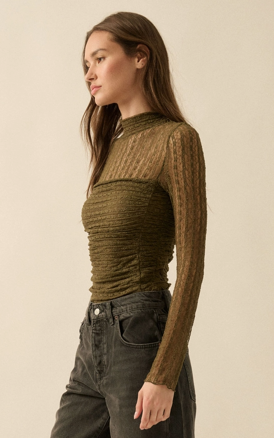 Striped Floral Lace Ruched Bodysuit ( Available in Baked Plum))