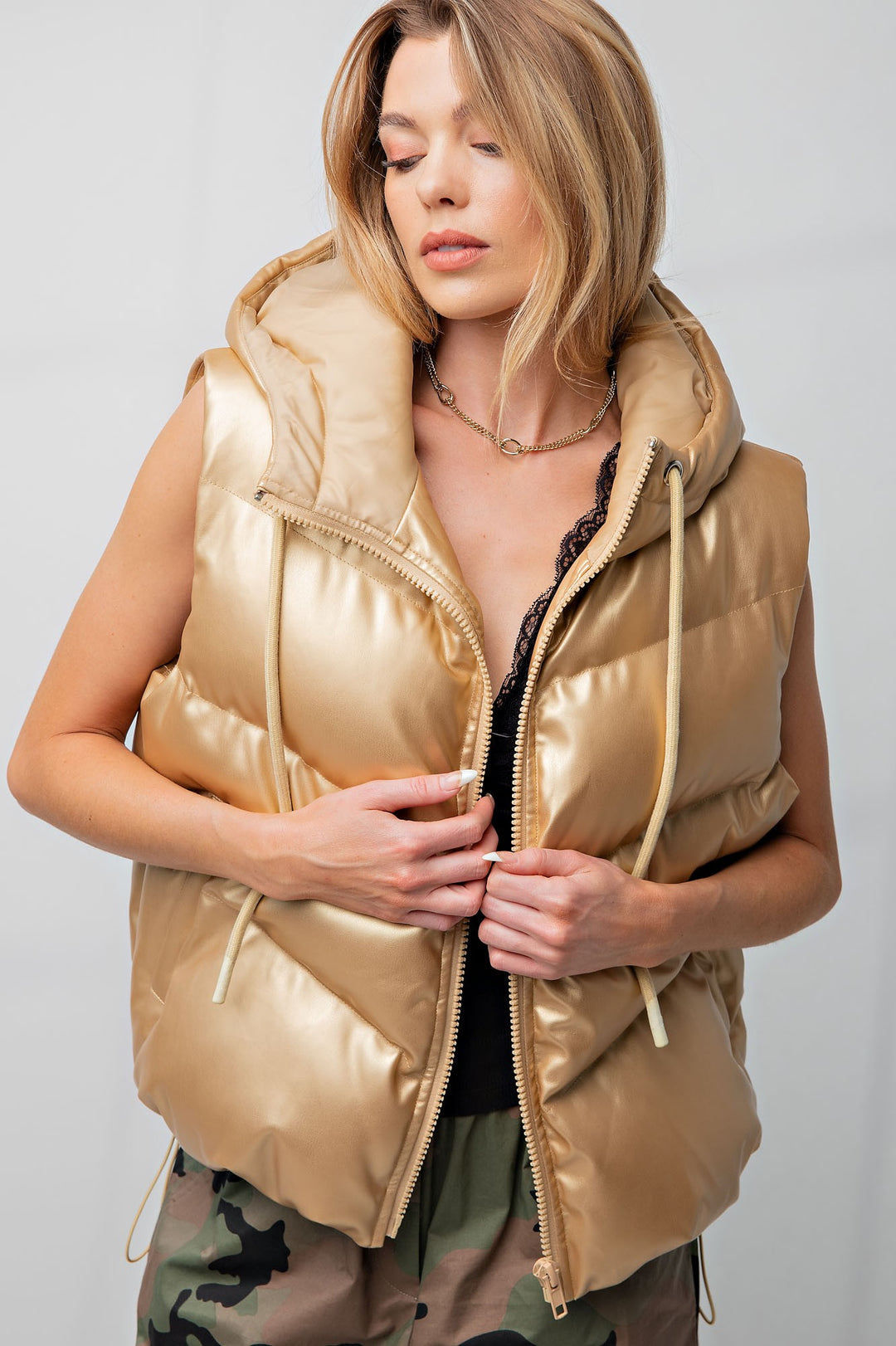 Glam Gold Faux Leather Puffer Vest - Beciga