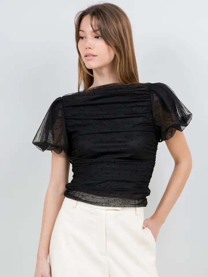 Mesh Polka Dot Shirring Top with Shoulder Padding