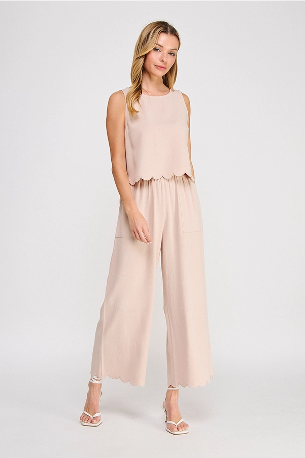 Soft Linen Blend Scallop Hem Elastic Waist Pant