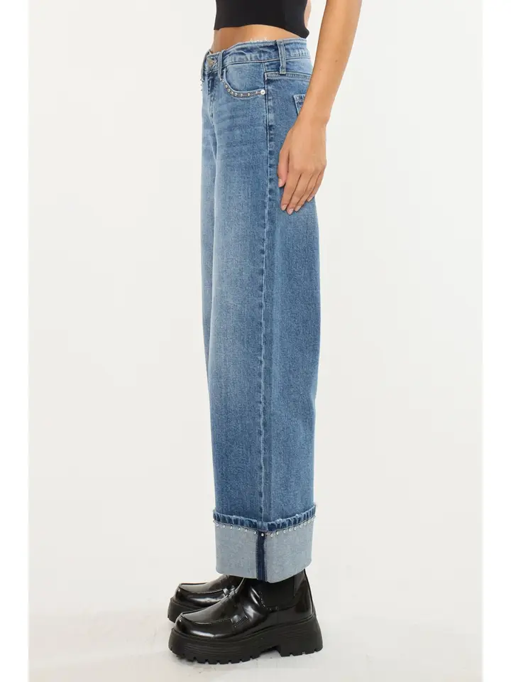 Mid Rise Studded Wide Leg Jeans