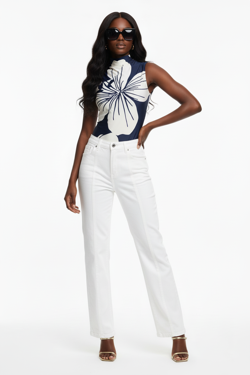Floral Bodysuit - Black Model White Denim