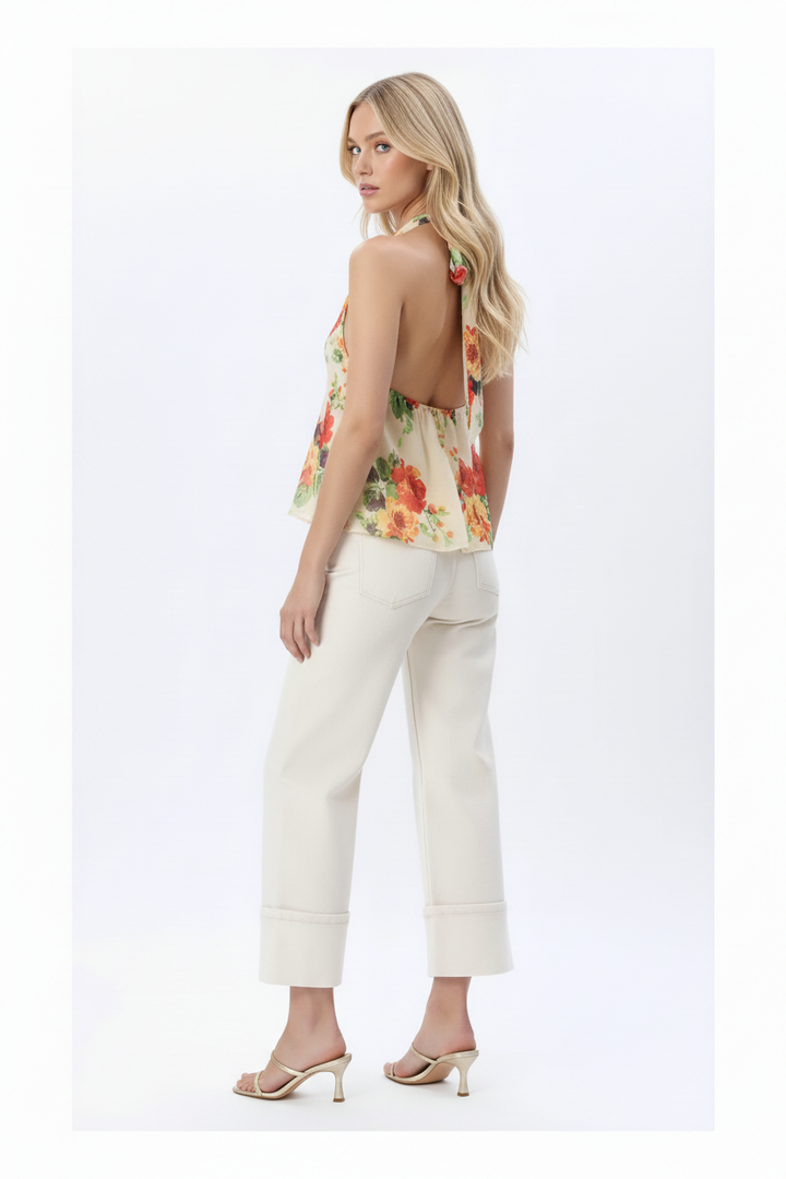 Floral Cowl Halter - Open Back Three-Quarter