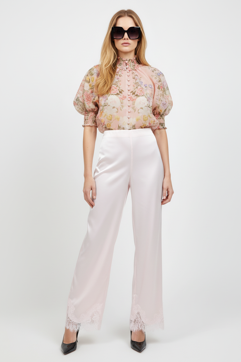 Flowy Blossom Blouse with Blush Satin Trousers — No Belt Loops