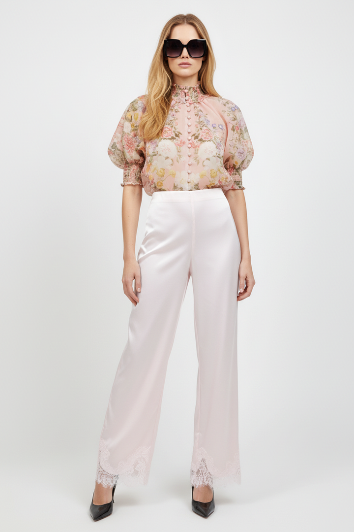 Flowy Blossom Blouse with Blush Satin Trousers — No Belt Loops