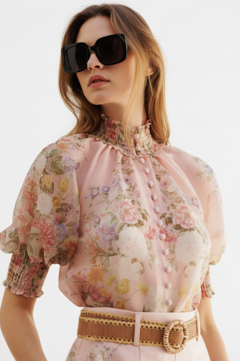 Flowy Blossom Top — Blonde Model Same Pose White Background