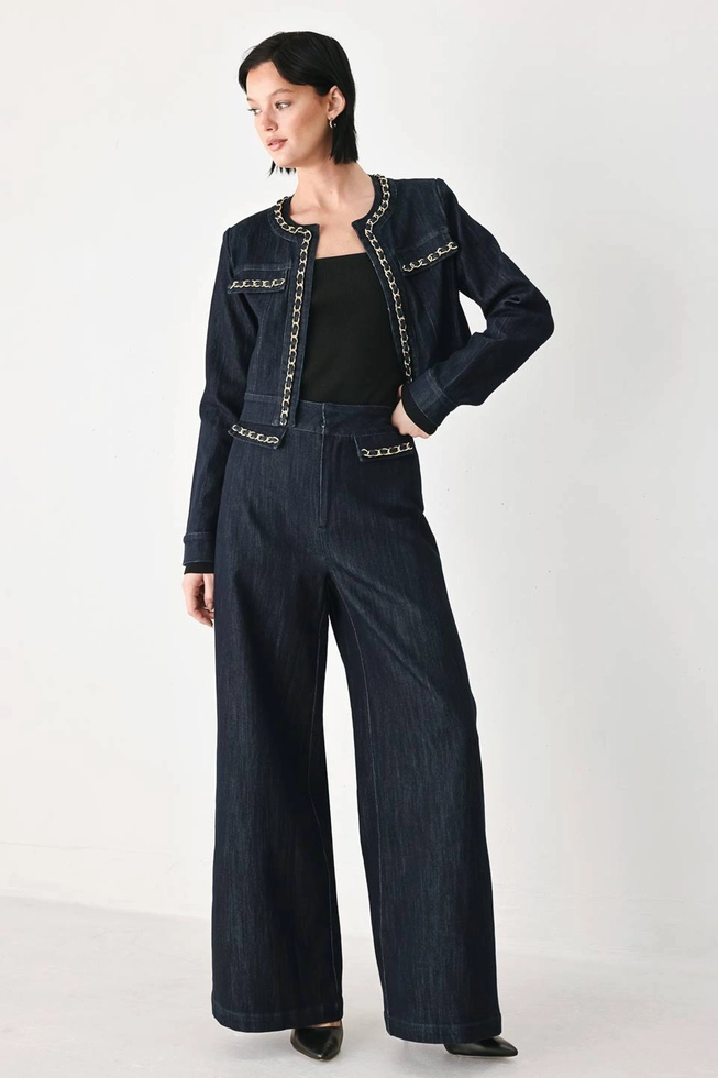 Denim Wide Leg Pant with Chain Trim on Pockets