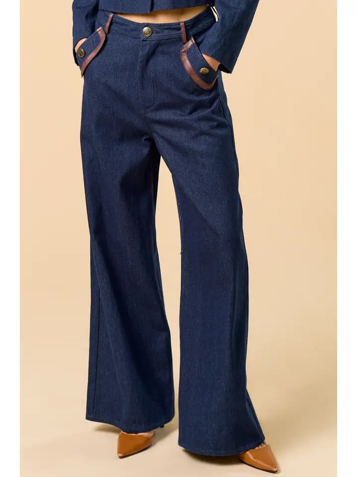 Denim Pants with Pu Leather Trim