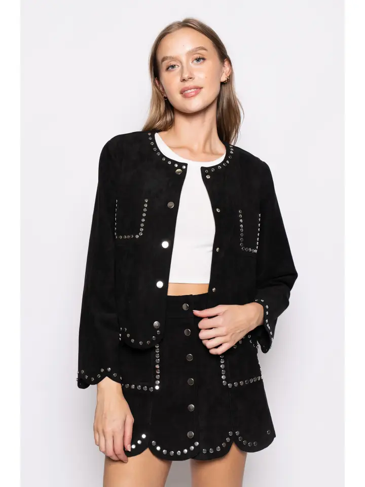 Scallop Chic Metal Stud Round Neck Button Jacket