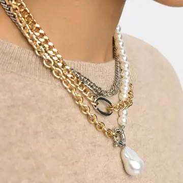 Triple Stack PVD Carabiner Pearl Necklace