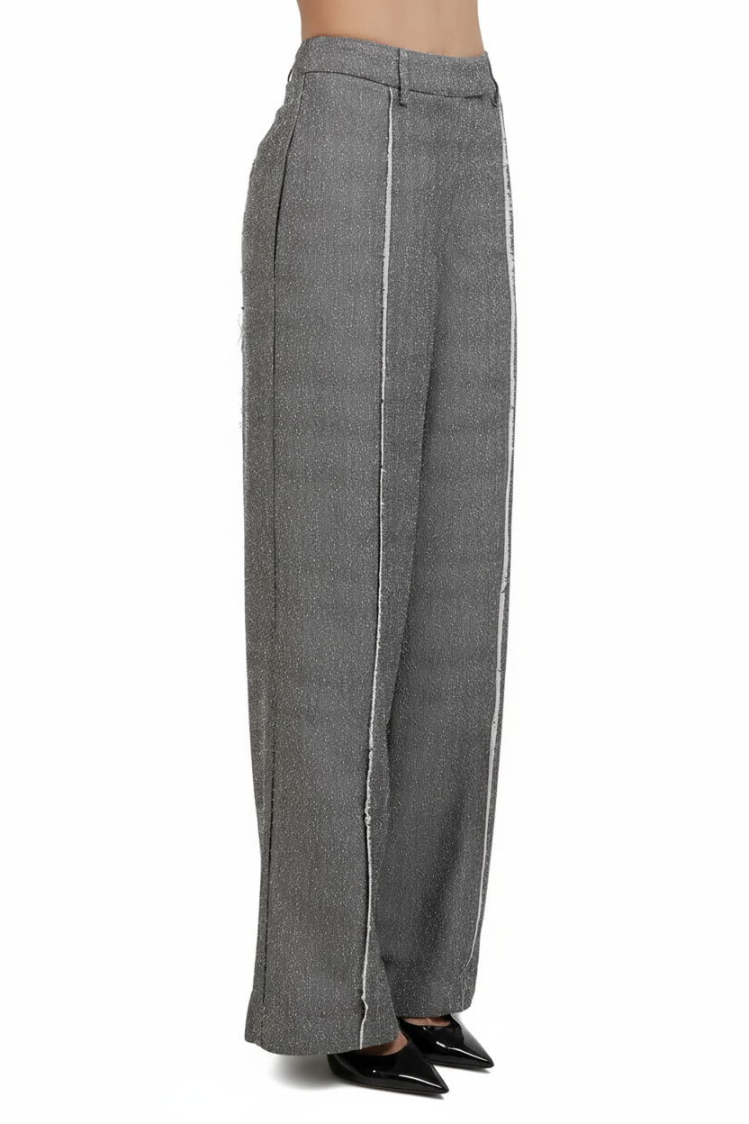 Fray Edge Trousers — Side Detail White Background