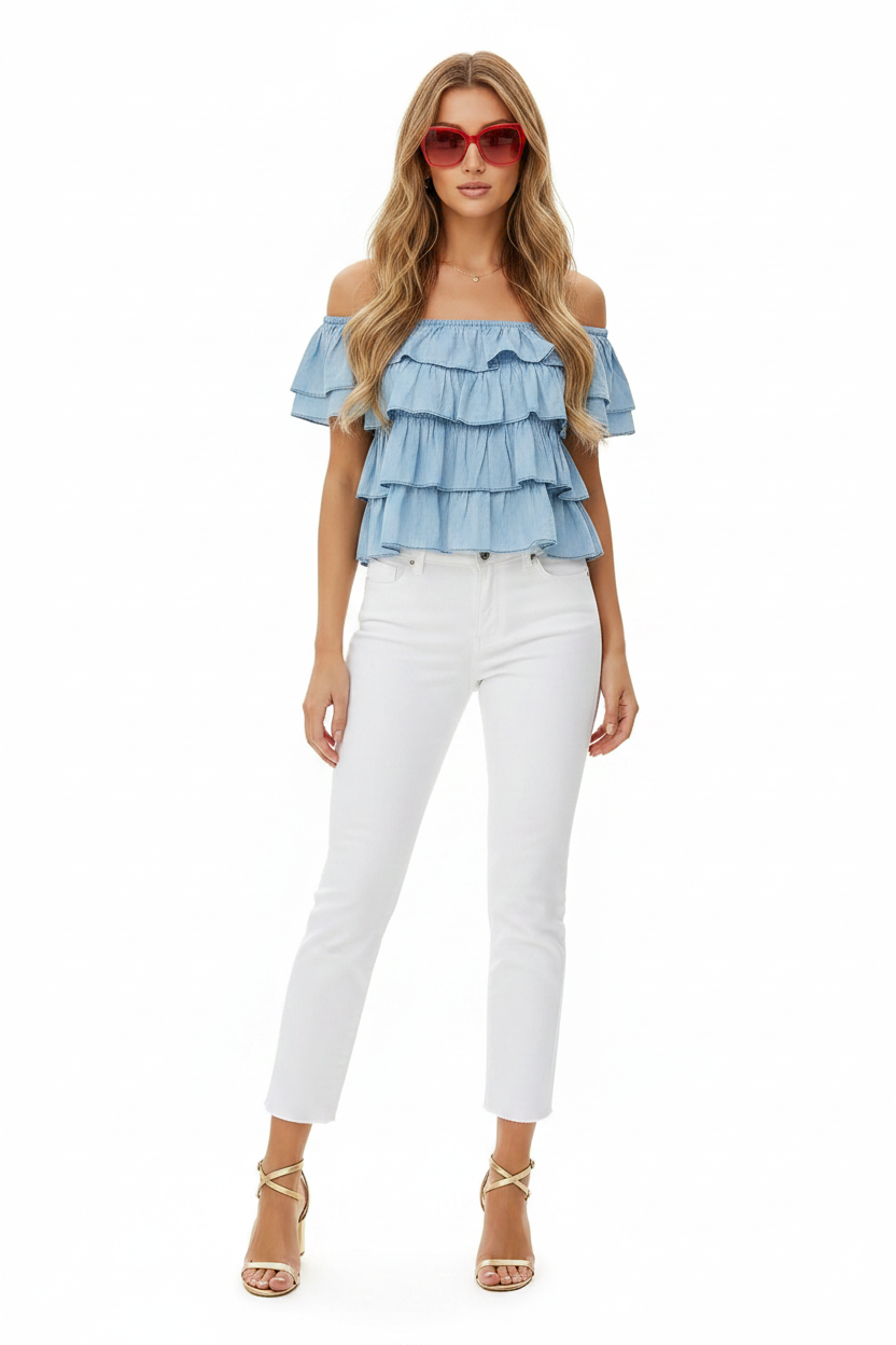 Front Facing - Chambray Top & White Jeans