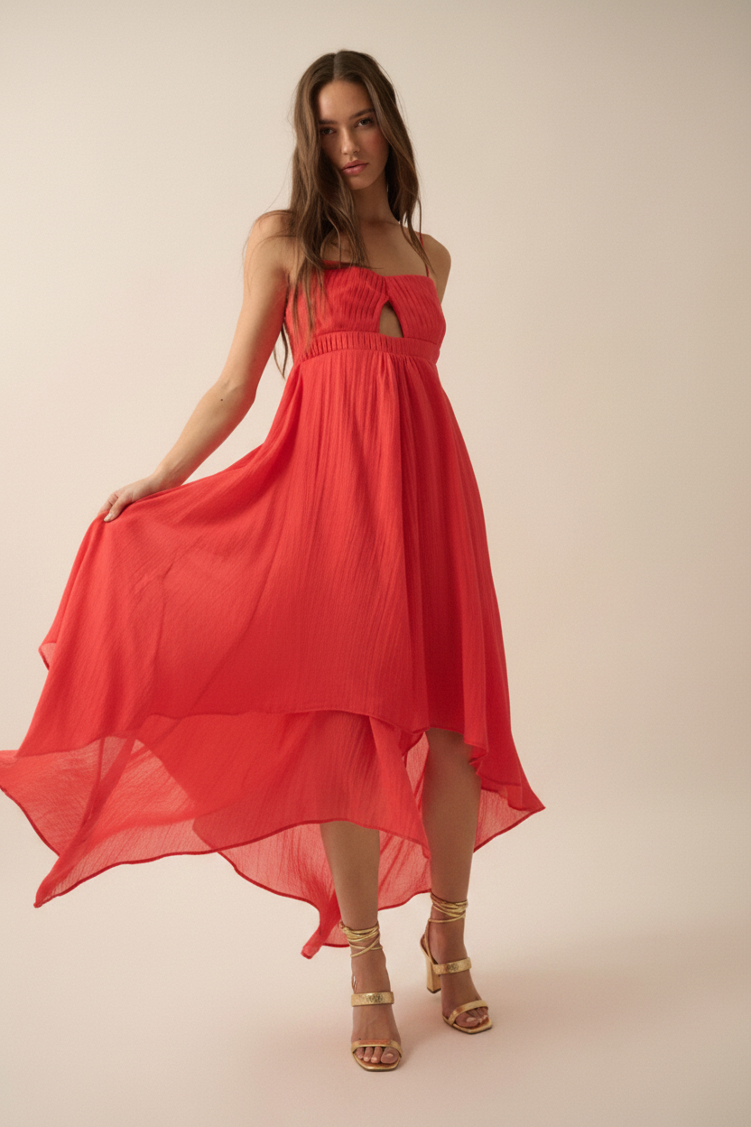 Front View - Gold Strappy Sandals Coral Red Dress