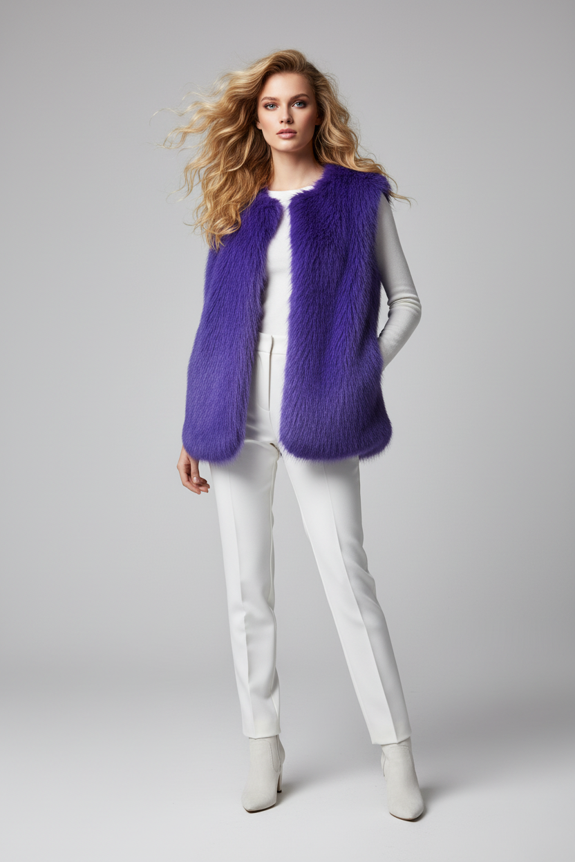Front view - purple vest with V-neck and winter white outfit