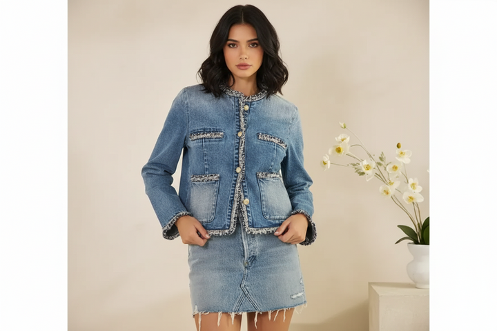 Tweed Trimmed Front Pocket Denim Jacket