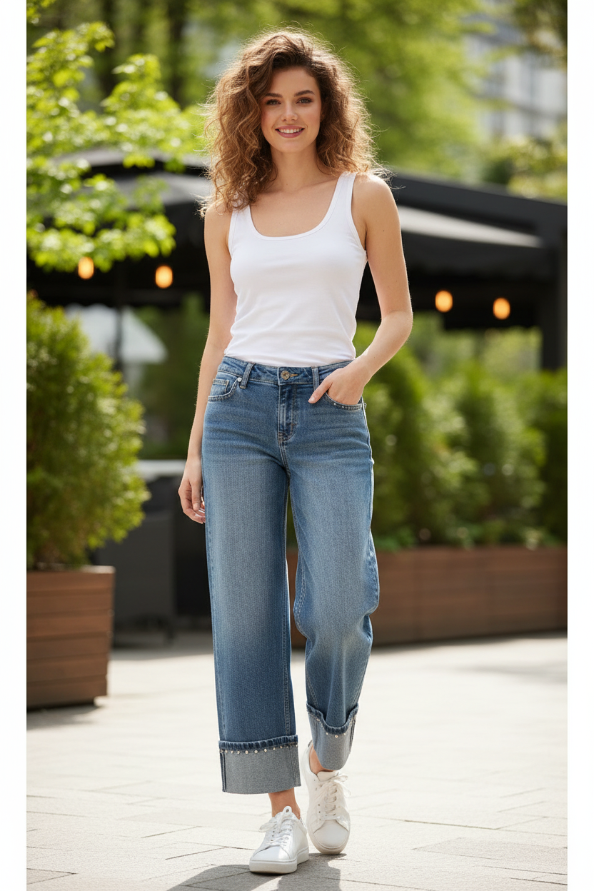 Full-length view - studded jeans with white tank
