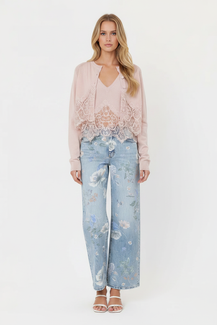 Full set — cardigan, tank & floral jeans