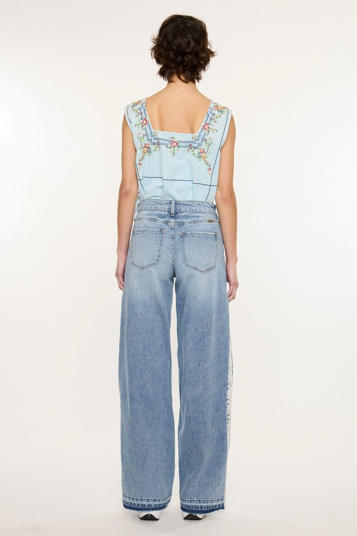 High Rise Lace Trim Wide Leg Jean