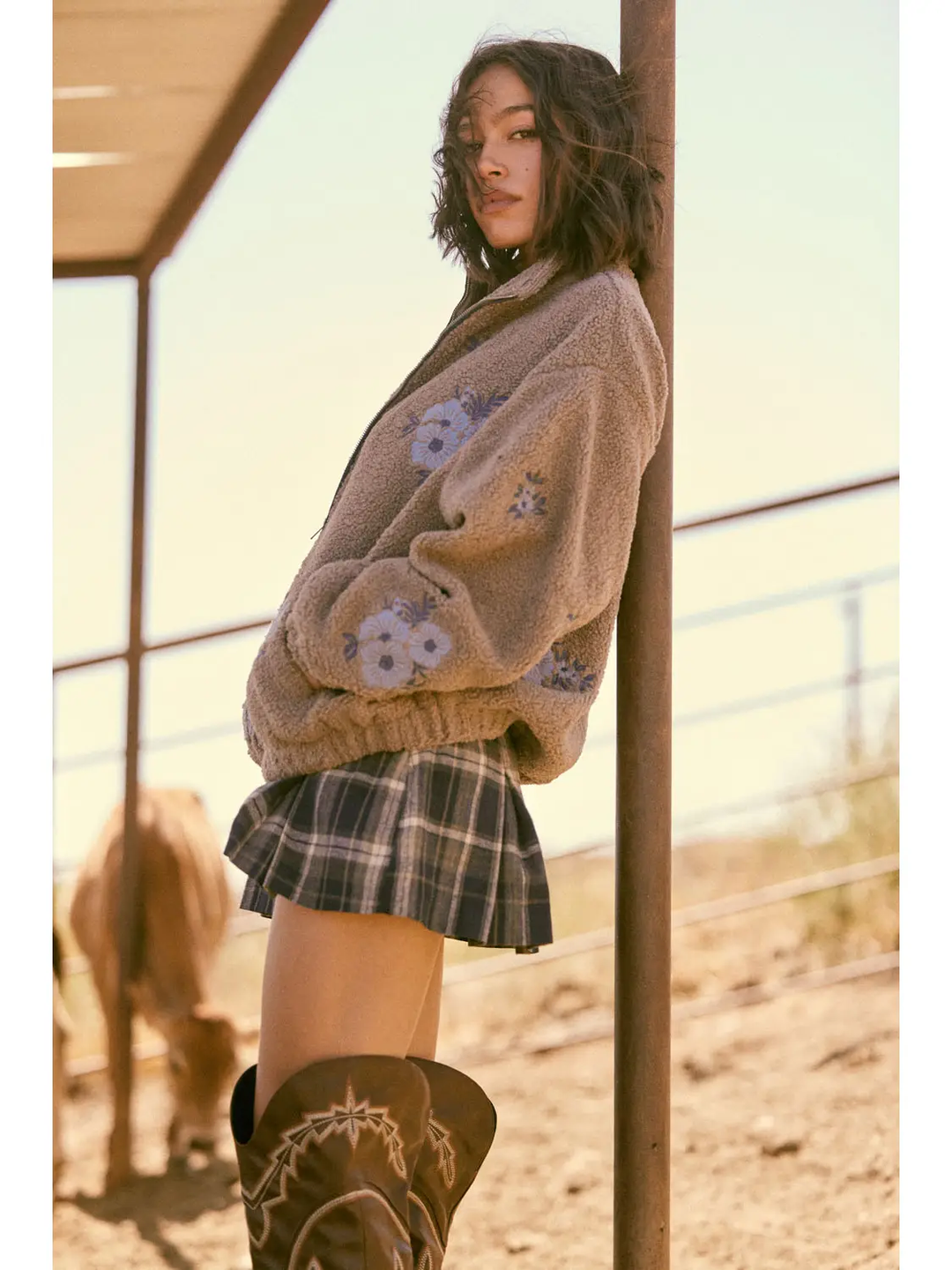 Floral-Embroidered Sherpa Fleece Zip-Up Jacket