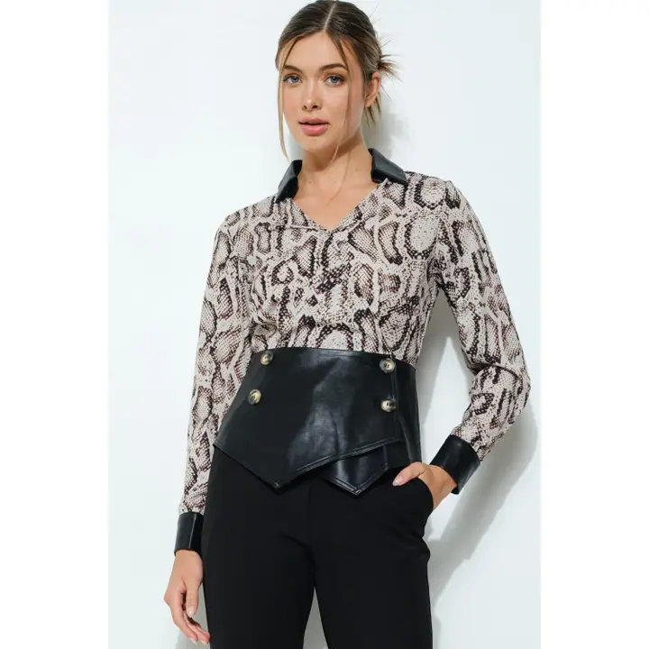 Animal Print Faux Leather Detail Peplum Top
