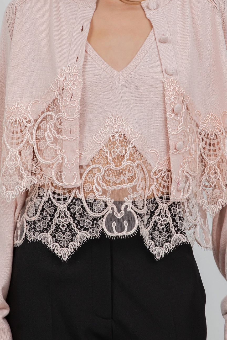 Knitted Sweater Cardigan with Lace Edge Detailing