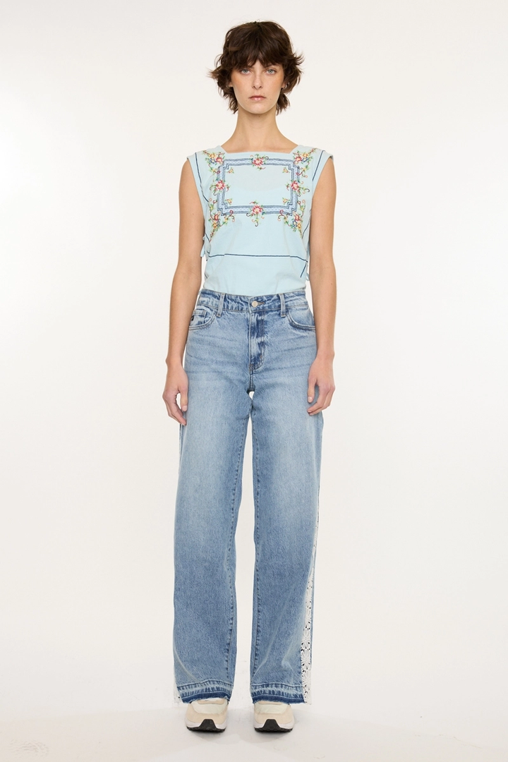 High Rise Lace Trim Wide Leg Jean