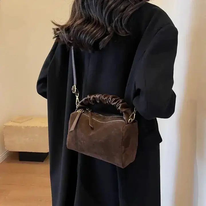 Faux Suede Ruched Handle Crossbody/Satchel Bag