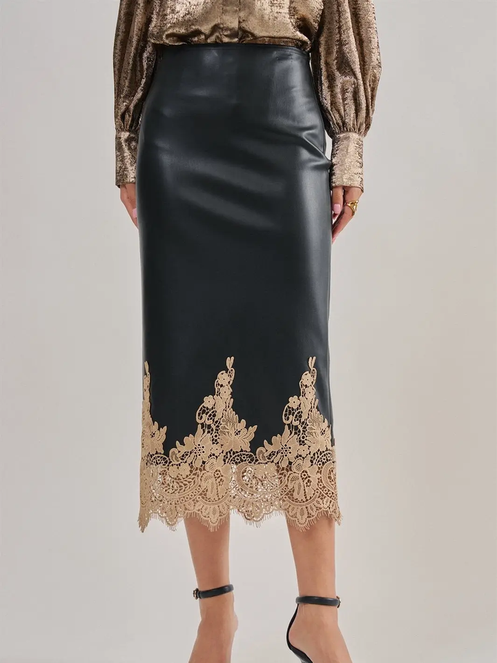 Faux Leather Midi Skirt with Lace Hem