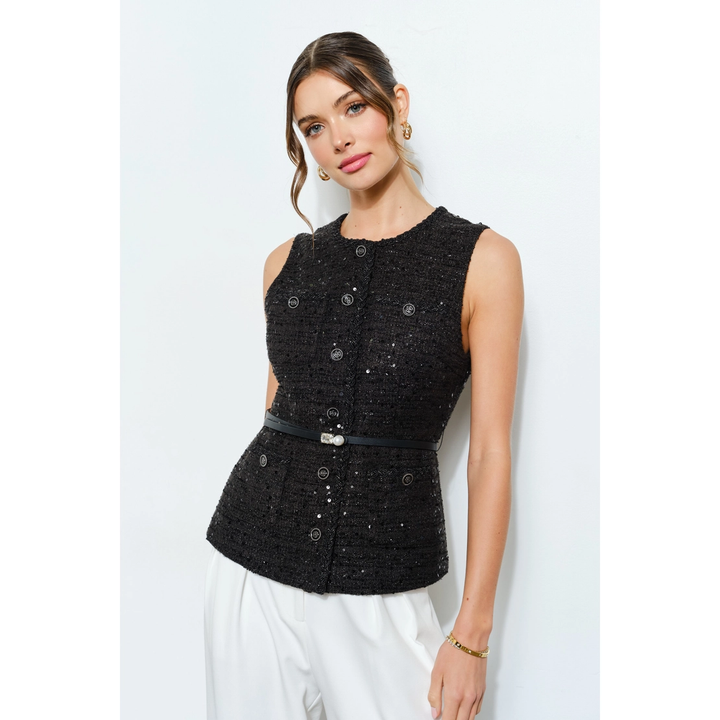 Belted Sequin Tweed Sleeveless Top