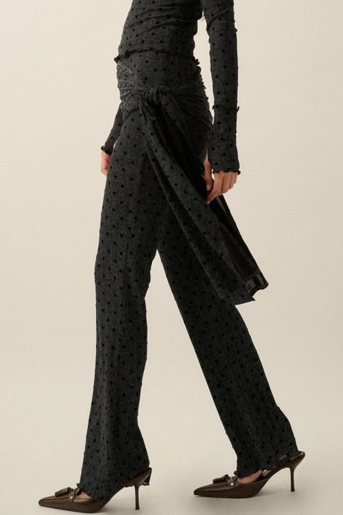 Polka Dot Mesh Tie Waist Fitted Flare Pants