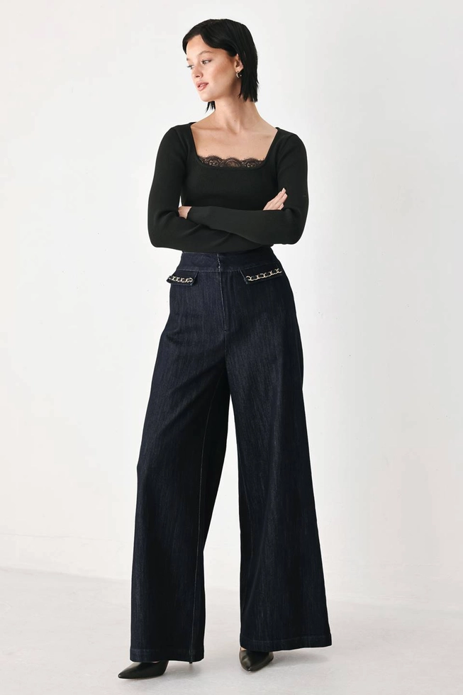 Denim Wide Leg Pant with Chain Trim on Pockets