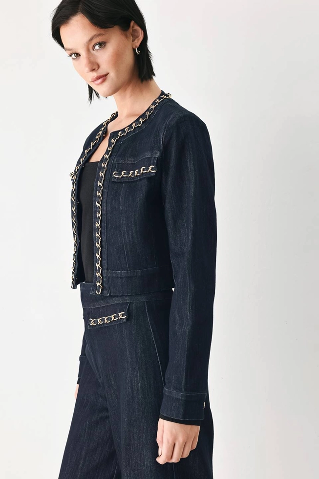 Chain Trim Denim Crop Jacket