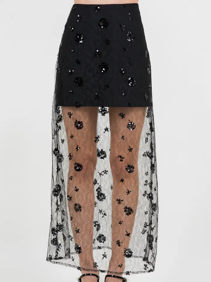 Semi Sheer Sequined Lace Midi Skirt
