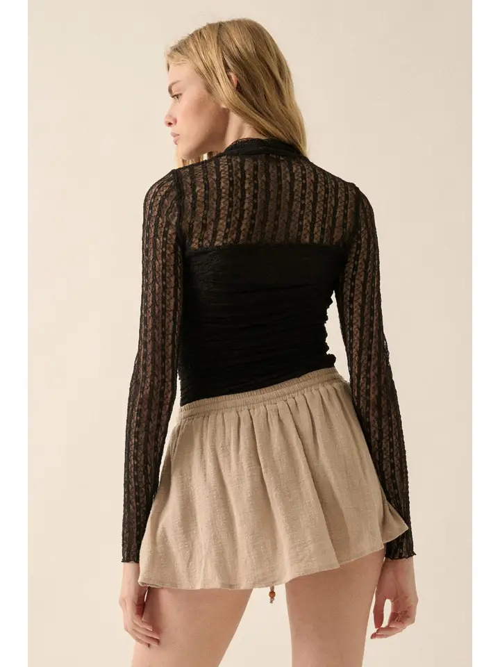 Striped Floral Lace Ruched Bodysuit ( Available in Baked Plum))